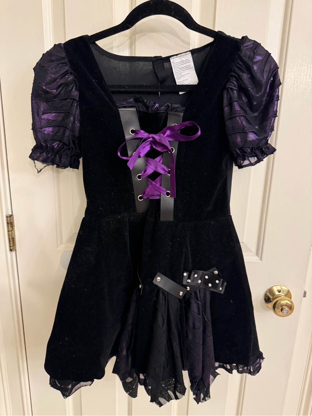 Girls black and purple gothic/steampunk Halloween costume dress, size 12–14.